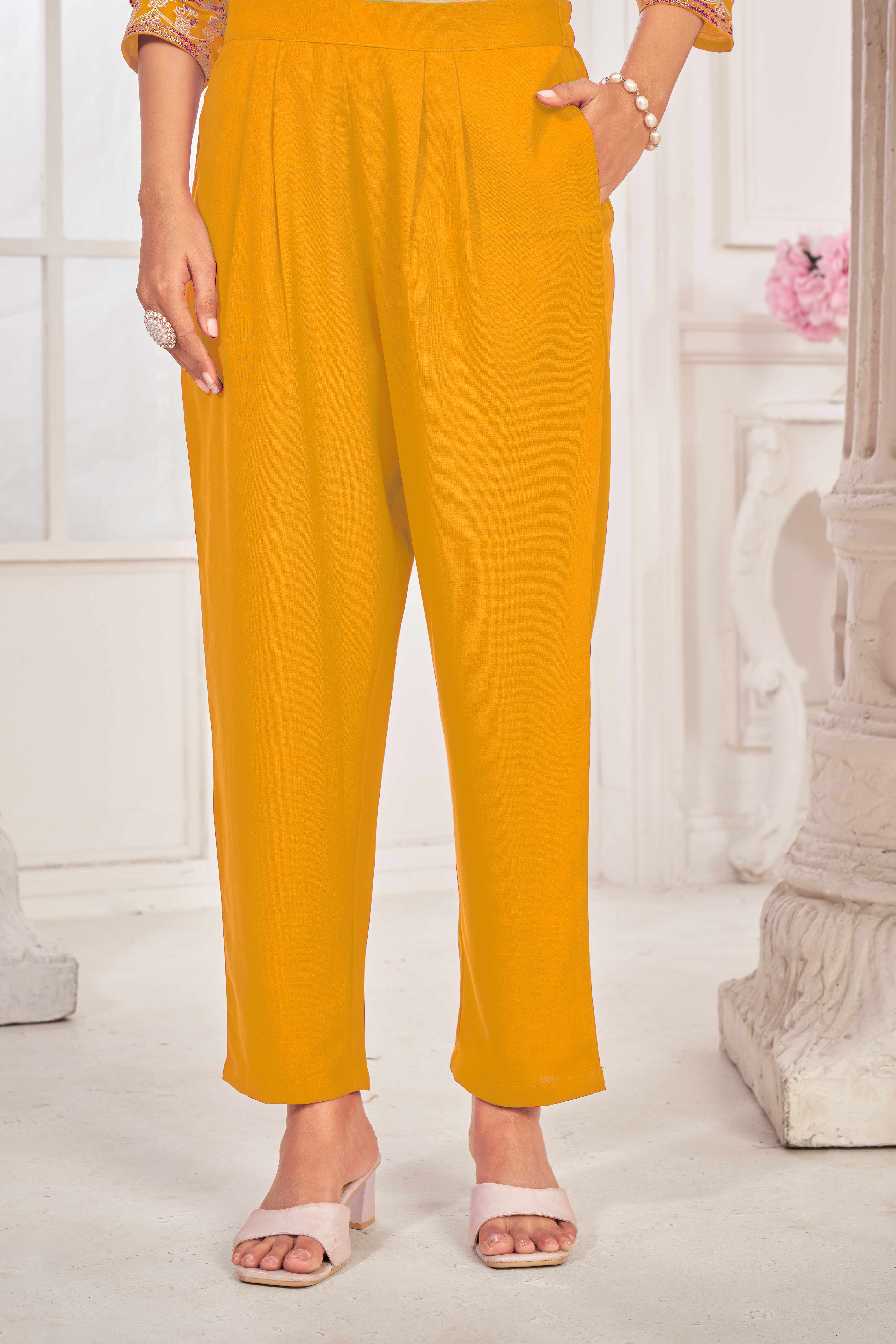 Yellow Embroidered Straight Kurti  with Pant and Dupatta Set - Sunheri