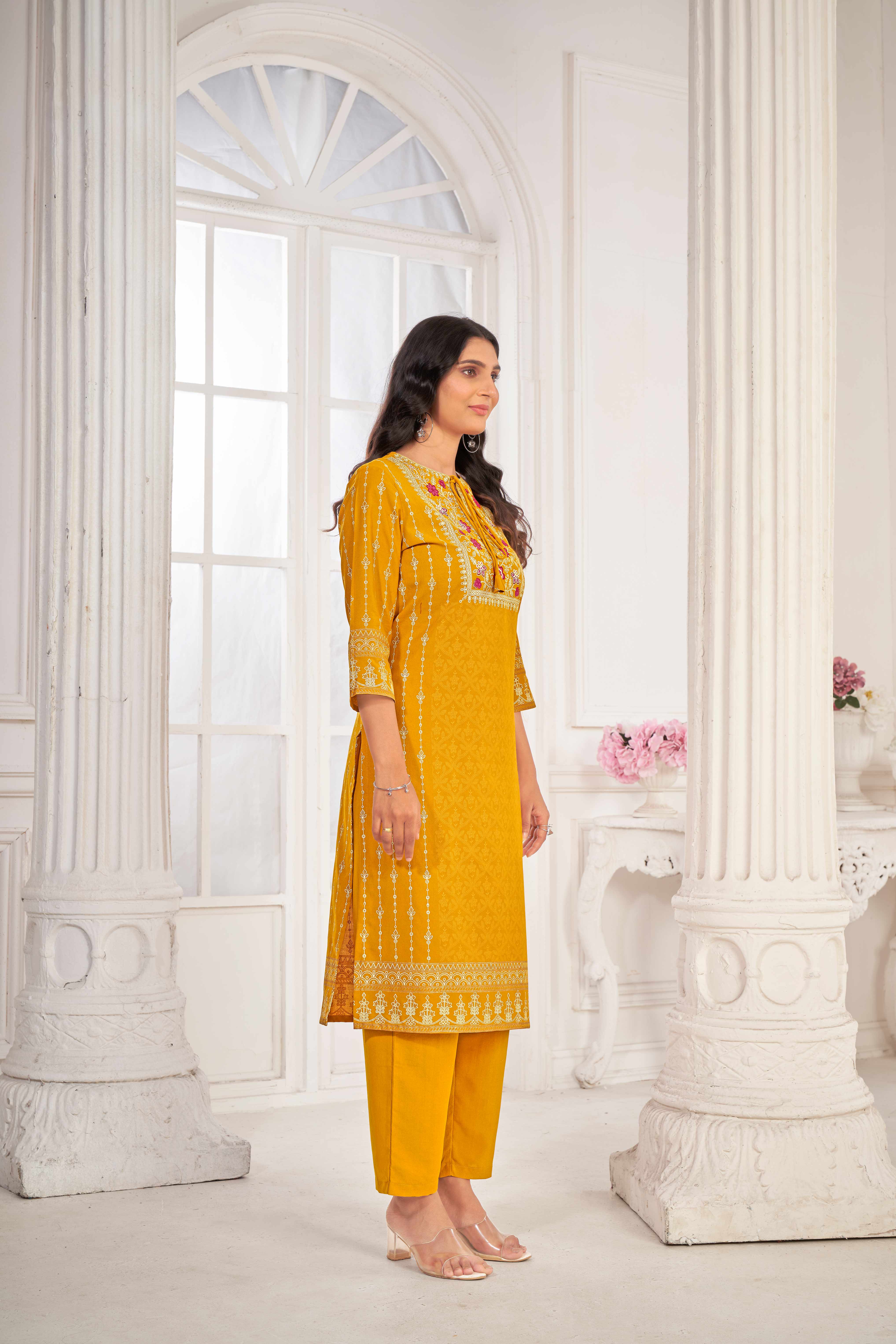 Yellow Embroidered Straight Kurti  with Pant and Dupatta Set - Sunheri