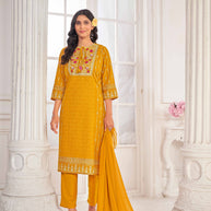 Yellow Embroidered Straight Kurti  with Pant and Dupatta Set - Sunheri