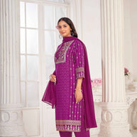Purple Embroidered Straight Kurti with Pant and Dupatta Set - Sunheri