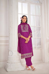 Purple Embroidered Straight Kurti with Pant and Dupatta Set - Sunheri