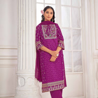 Purple Embroidered Straight Kurti with Pant and Dupatta Set - Sunheri