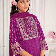Purple Embroidered Straight Kurti with Pant and Dupatta Set - Sunheri