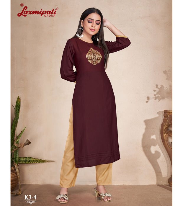 Laxmipati  Rayon Base Chocolate Brown Straight Cut Kurti