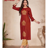 Laxmipati  Rayon Base Rust Straight Cut Kurti
