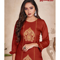 Laxmipati  Rayon Base Rust Straight Cut Kurti