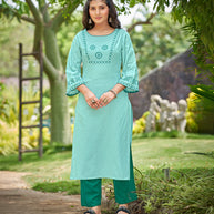 Laxmipati  Spun Base Fabric Turquoise Straight Cut Kurti With Pant