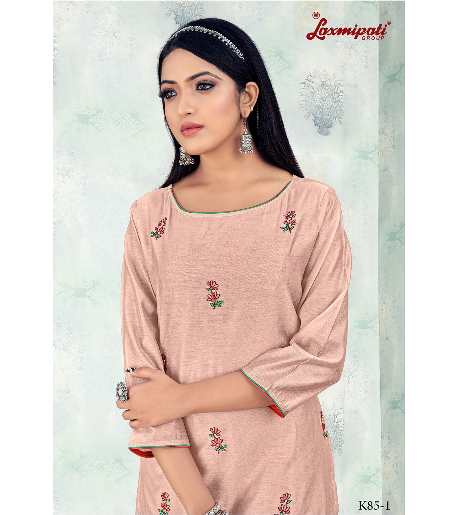 Laxmipati Damini Vol.2 K85-1 Chandery Base Teopical Peach Straight Cut Kurti With Pant
