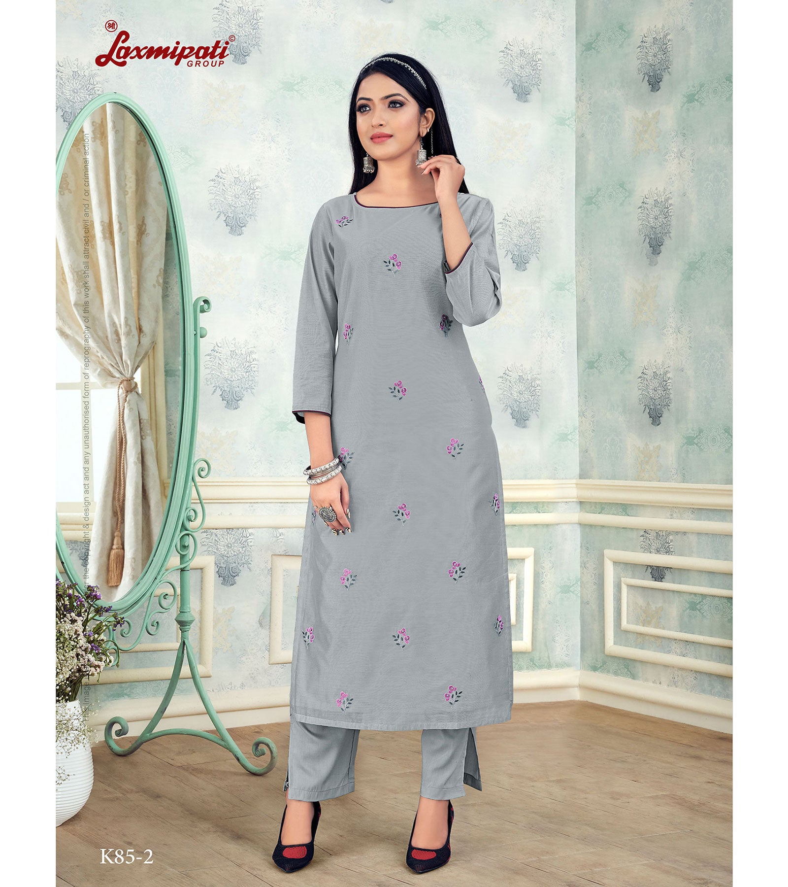 Laxmipati Damini Vol.2 K85-2 Chandery Base Chiseled Stone Straight Cut Kurti With Pant