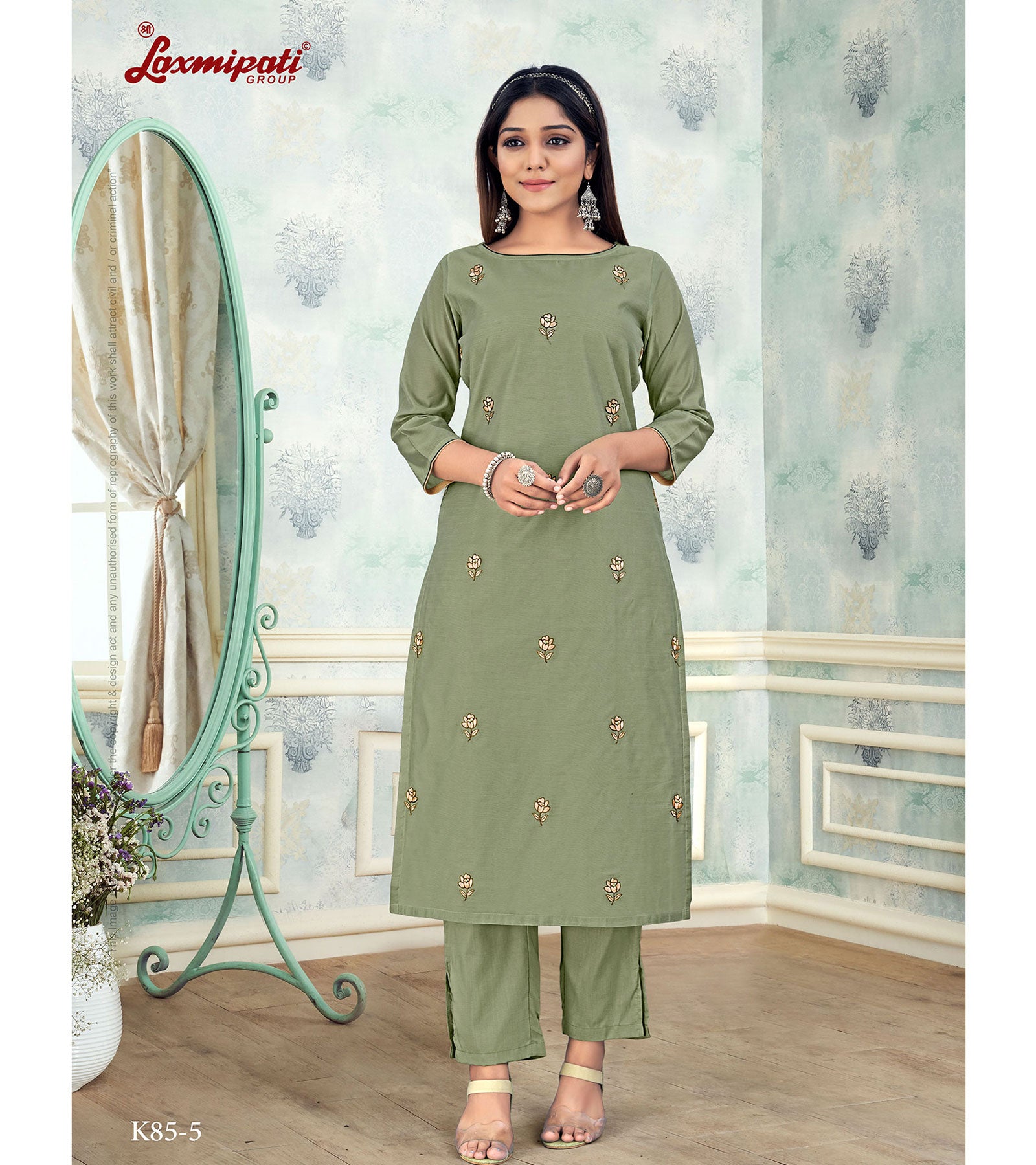 Laxmipati Damini Vol.2 K85-5 Chandery Base Mossy Green Straight Cut Kurti With Pant