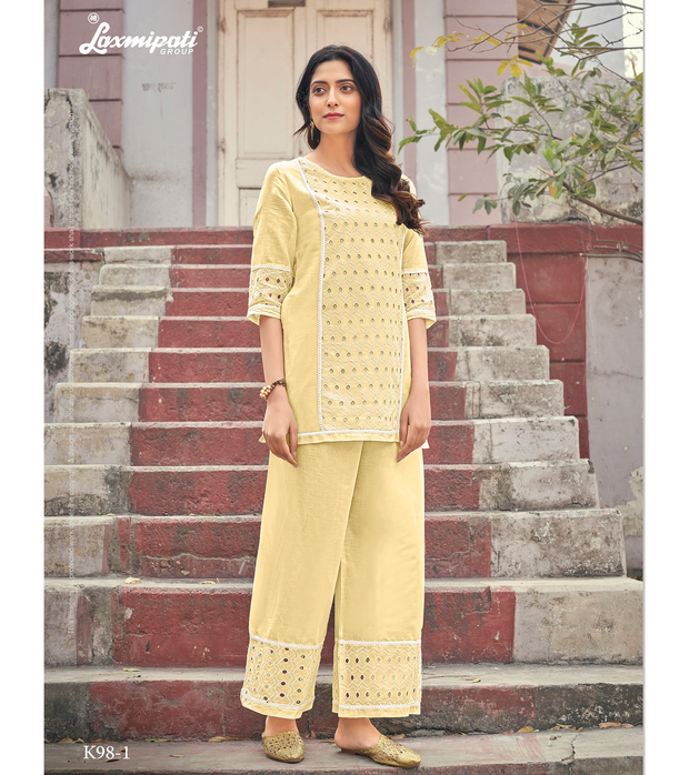 Laxmipati Mull Cream Yellow Tunic With Plazzo Kurti
