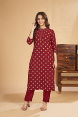 Laxmipati Sahiba - KT0004 Georgette Foil Printed Straight Woman Maroon Kurta