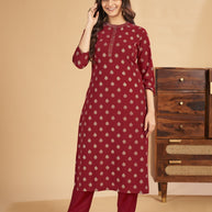 Laxmipati Sahiba - KT0004 Georgette Foil Printed Straight Woman Maroon Kurta