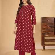 Laxmipati Sahiba - KT0004 Georgette Foil Printed Straight Woman Maroon Kurta