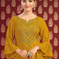 Laxmipati Savan Bandhani Printed Viscos Frock in Mustard Color