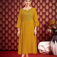Laxmipati Savan Bandhani Printed Viscos Frock in Mustard Color