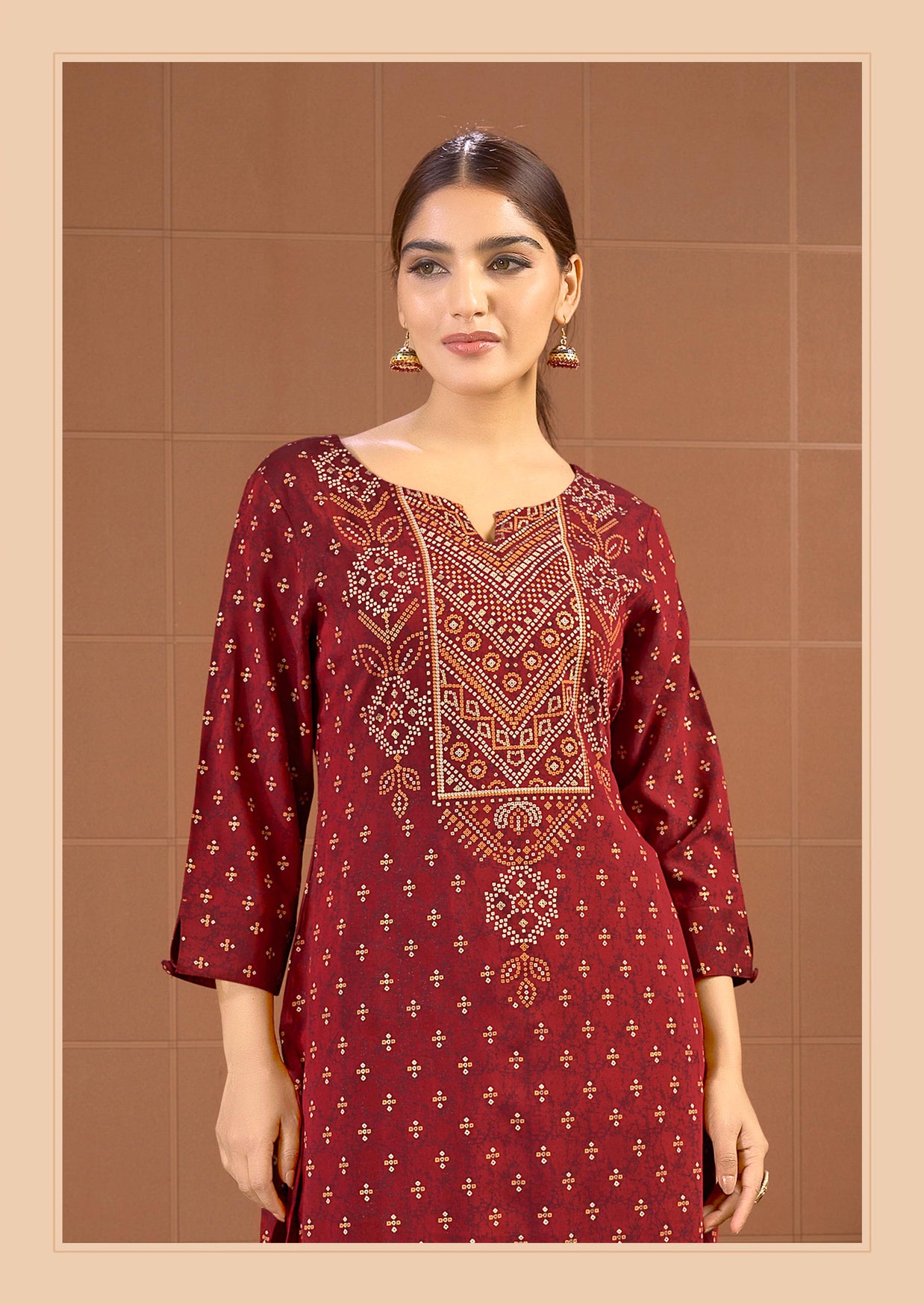 Laxmipati Savan Bandhani Printed Viscos .Straight Kurti in Maroon Color