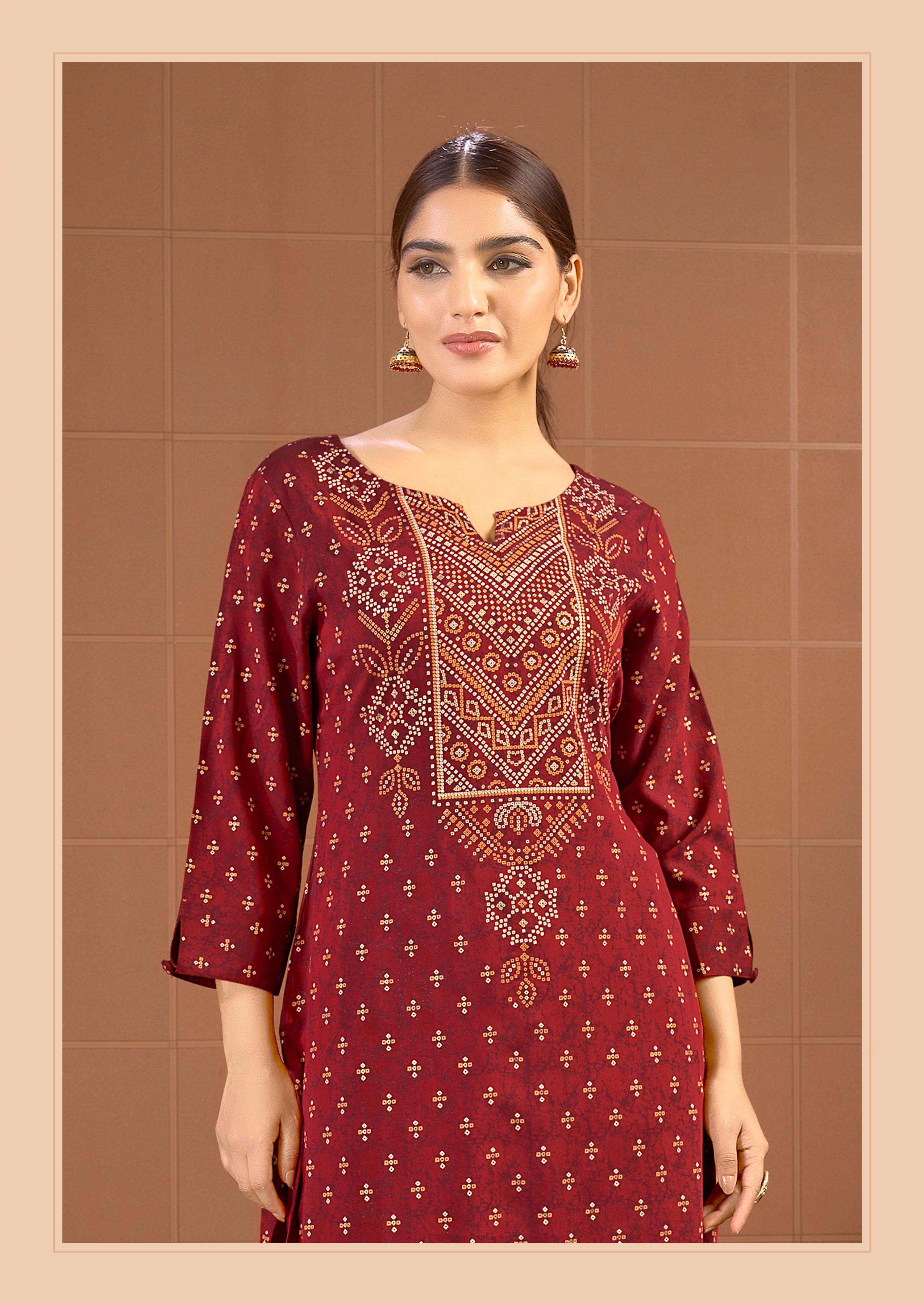 Laxmipati Savan Bandhani Printed Viscos .Straight Kurti in Maroon Color