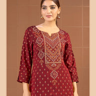 Laxmipati Savan Bandhani Printed Viscos .Straight Kurti in Maroon Color