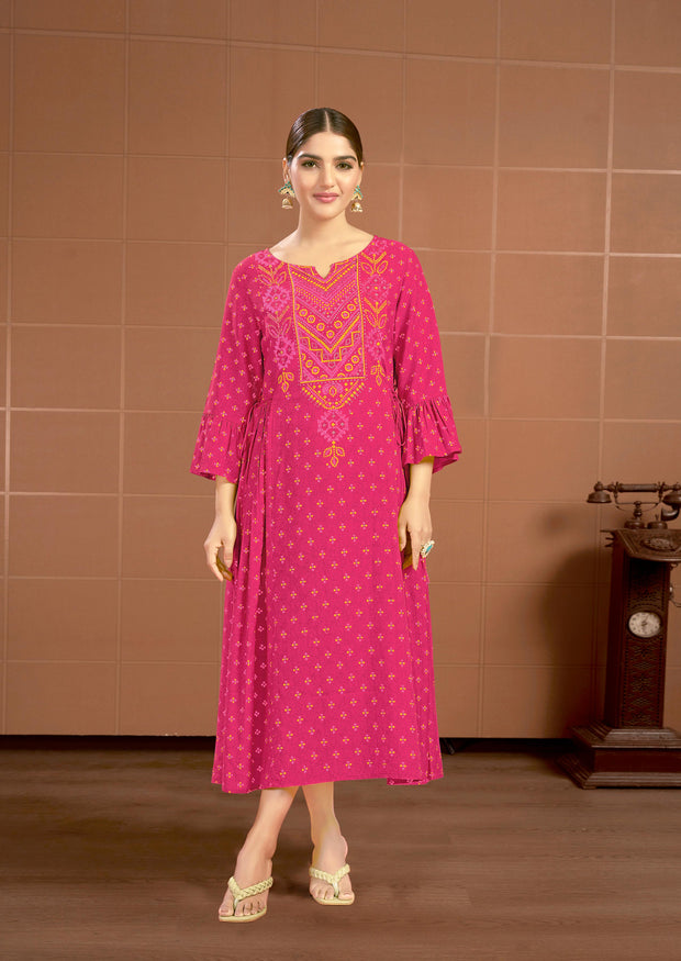 Laxmipati Savan Bandhani Printed Viscos Frock in Magenta Color