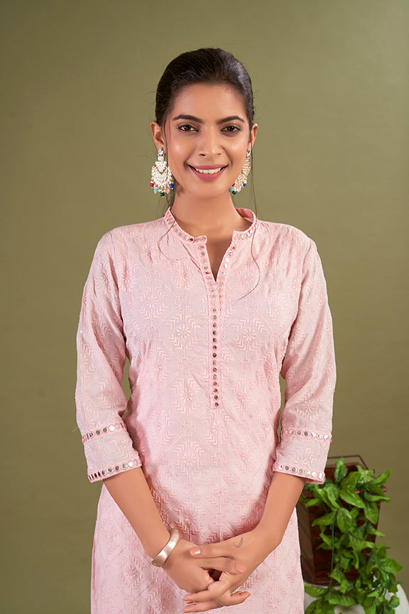 Pink Polycotton Embroidered Straight Woman Addah