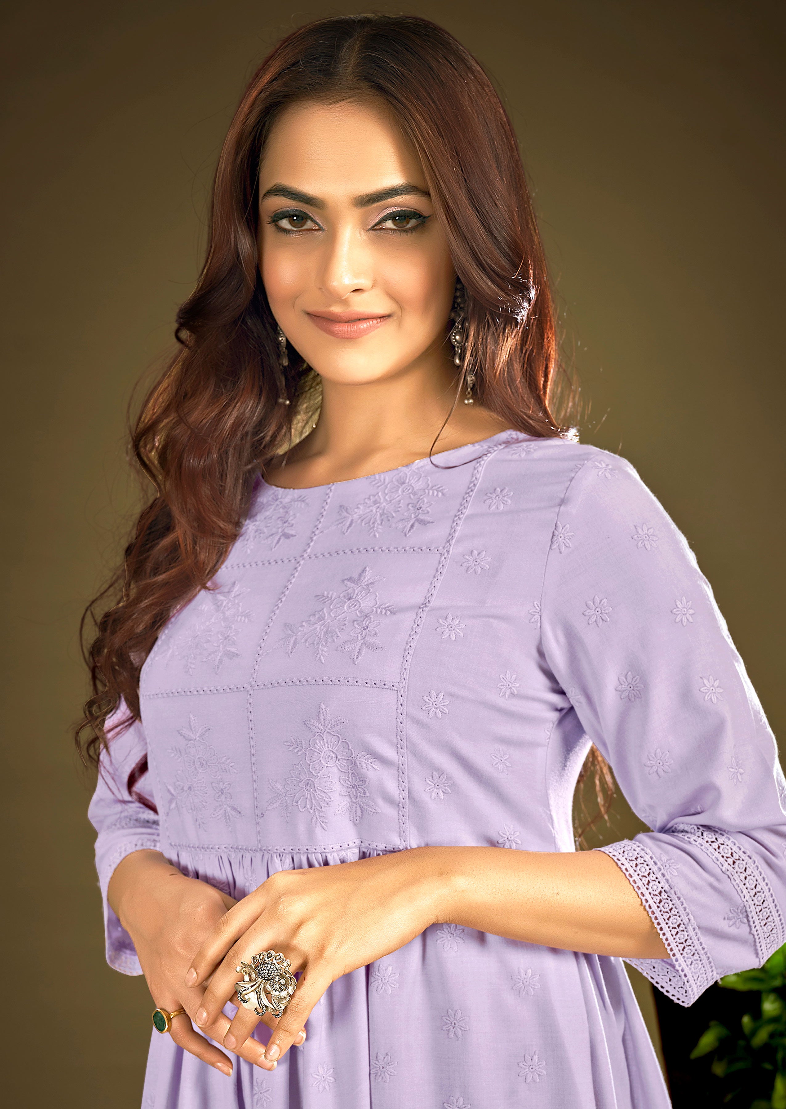 Laxmipati Janki Schiffli Embroidered Spun Cotton Frock in Lavender Color