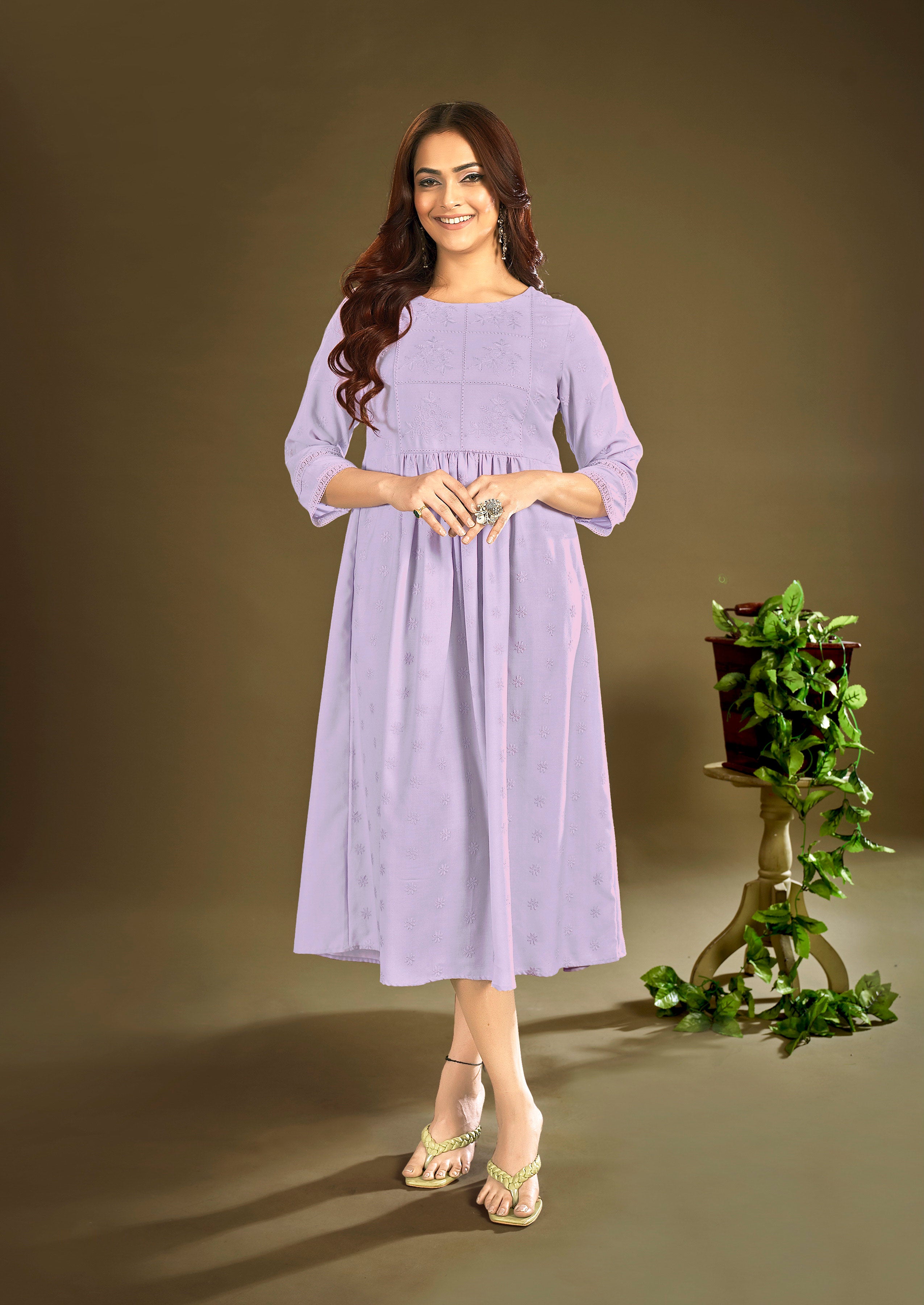 Laxmipati Janki Schiffli Embroidered Spun Cotton Frock in Lavender Color