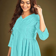 Laxmipati Janki Schiffli Embroidered Spun Cotton Frock in Teal Blue Color