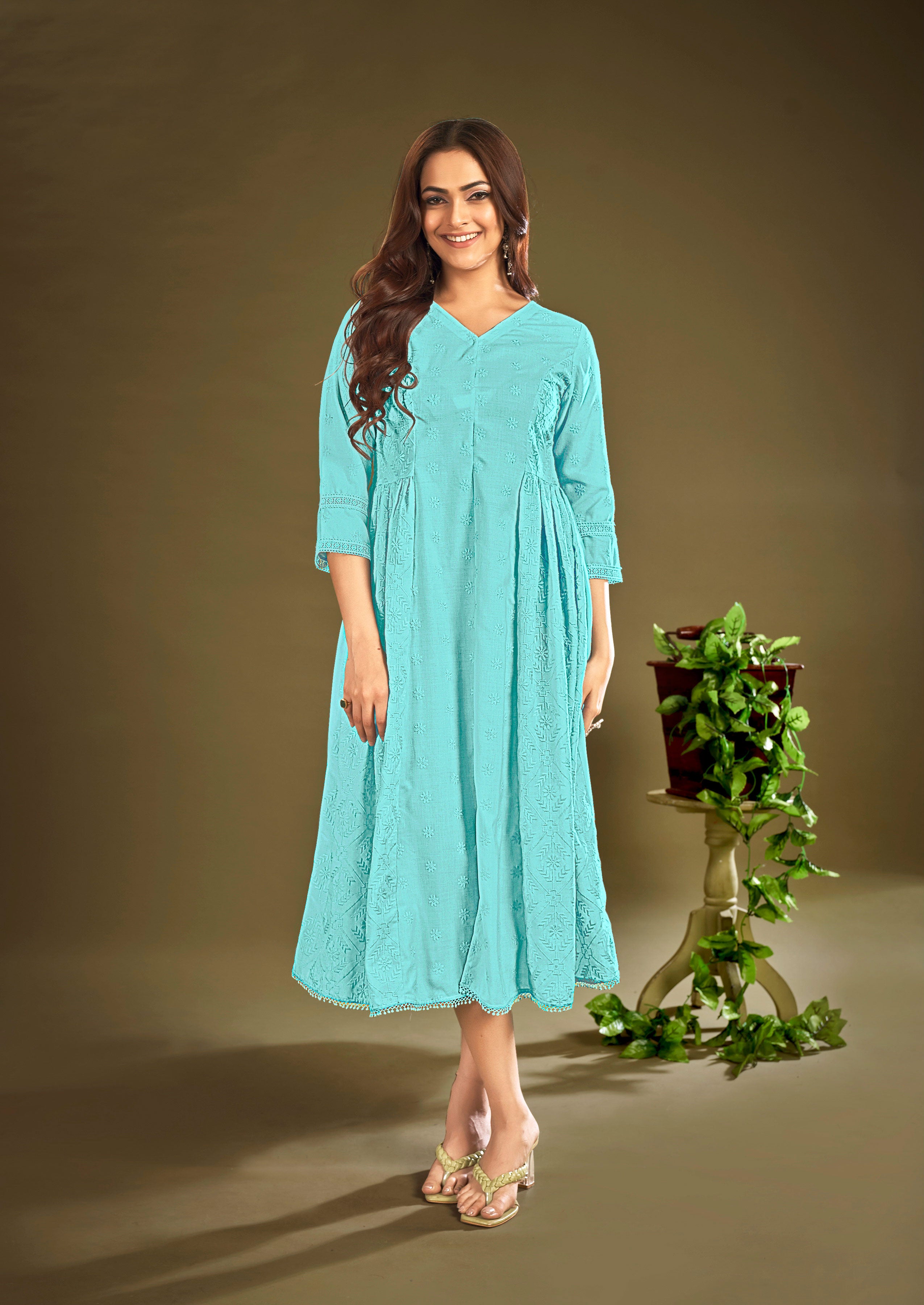 Laxmipati Janki Schiffli Embroidered Spun Cotton Frock in Teal Blue Color