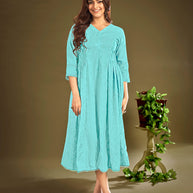 Laxmipati Janki Schiffli Embroidered Spun Cotton Frock in Teal Blue Color
