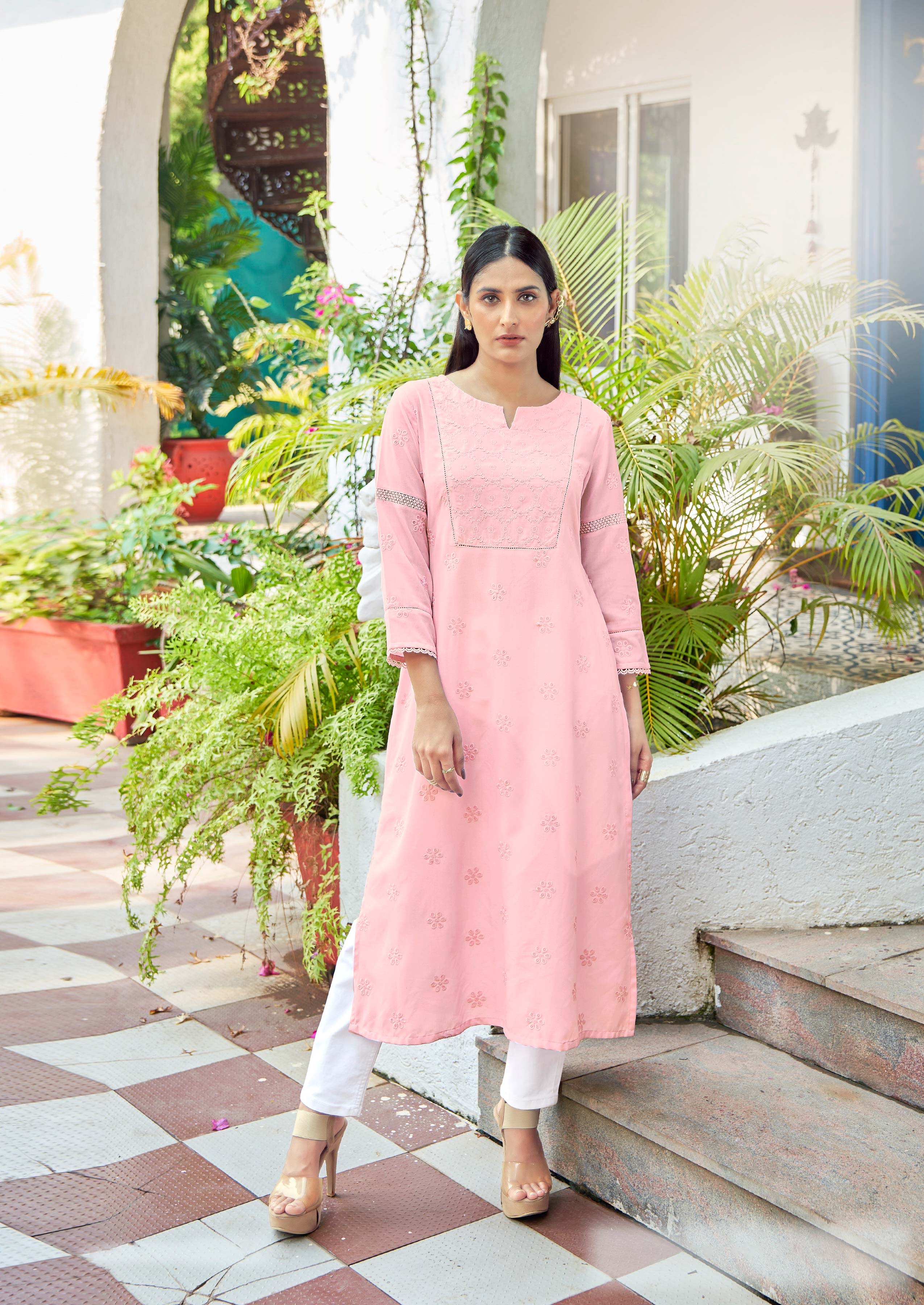 Laxmipati Janki Schiffli Embroidered Spun Cotton Straight Kurti in Pastel Pink Color