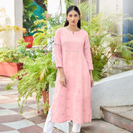 Laxmipati Janki Schiffli Embroidered Spun Cotton Straight Kurti in Pastel Pink Color