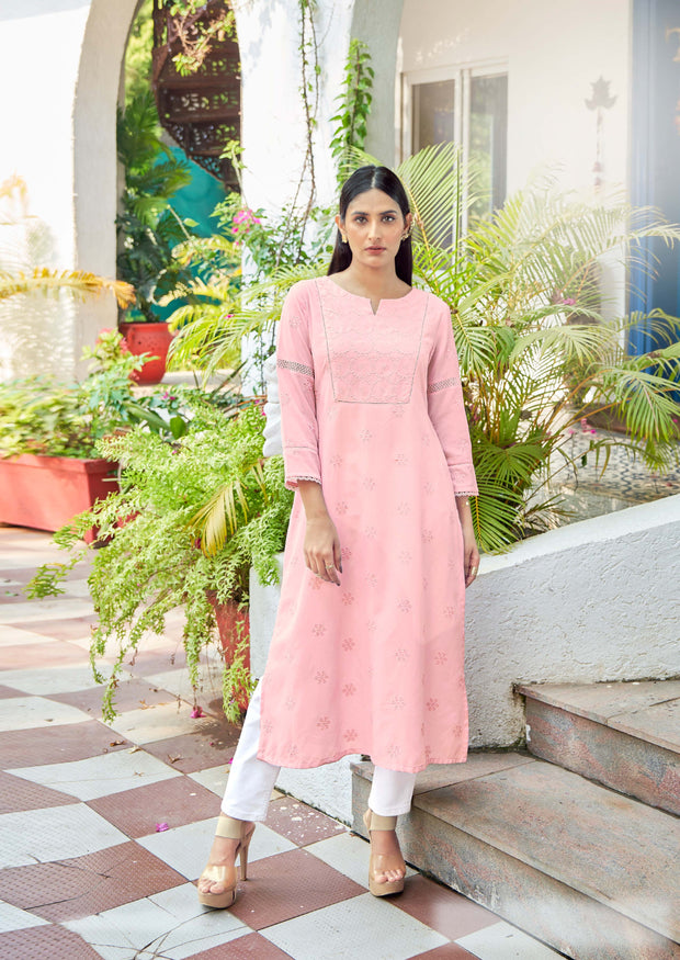 Laxmipati Janki Schiffli Embroidered Spun Cotton Straight Kurti in Pastel Pink Color