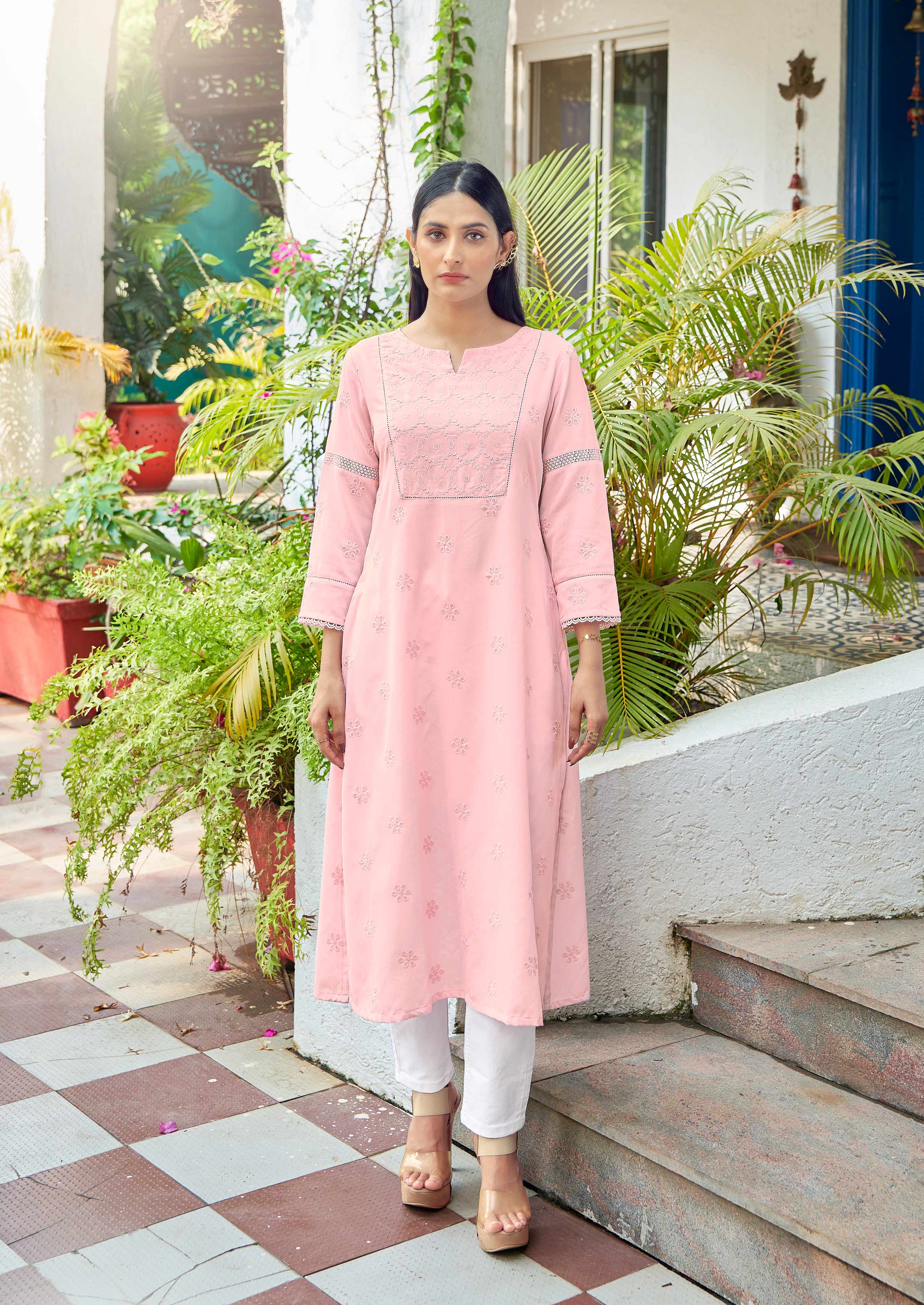 Laxmipati Janki Schiffli Embroidered Spun Cotton Straight Kurti in Pastel Pink Color