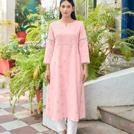Laxmipati Janki Schiffli Embroidered Spun Cotton Straight Kurti in Pastel Pink Color