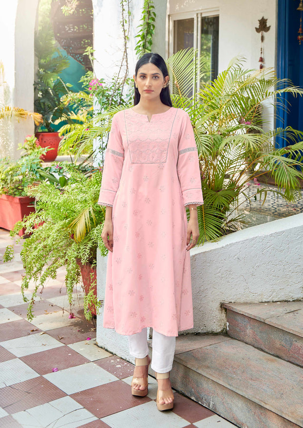 Laxmipati Janki Schiffli Embroidered Spun Cotton Straight Kurti in Pastel Pink Color