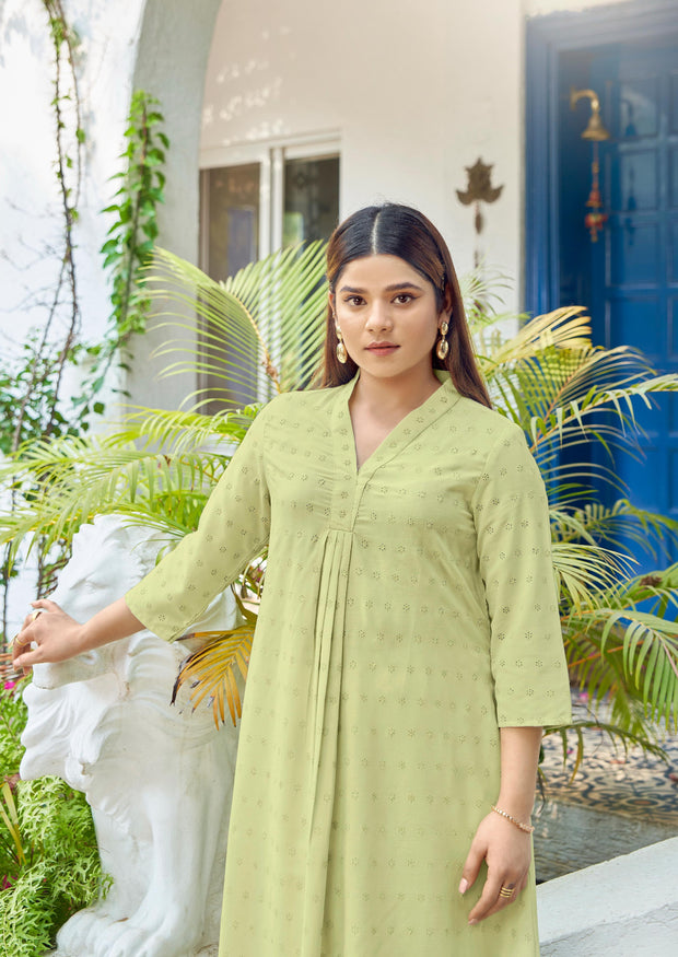 Laxmipati Janki Schiffli Embroidered Spun Cotton Straight Kurti in Pastel Green Color