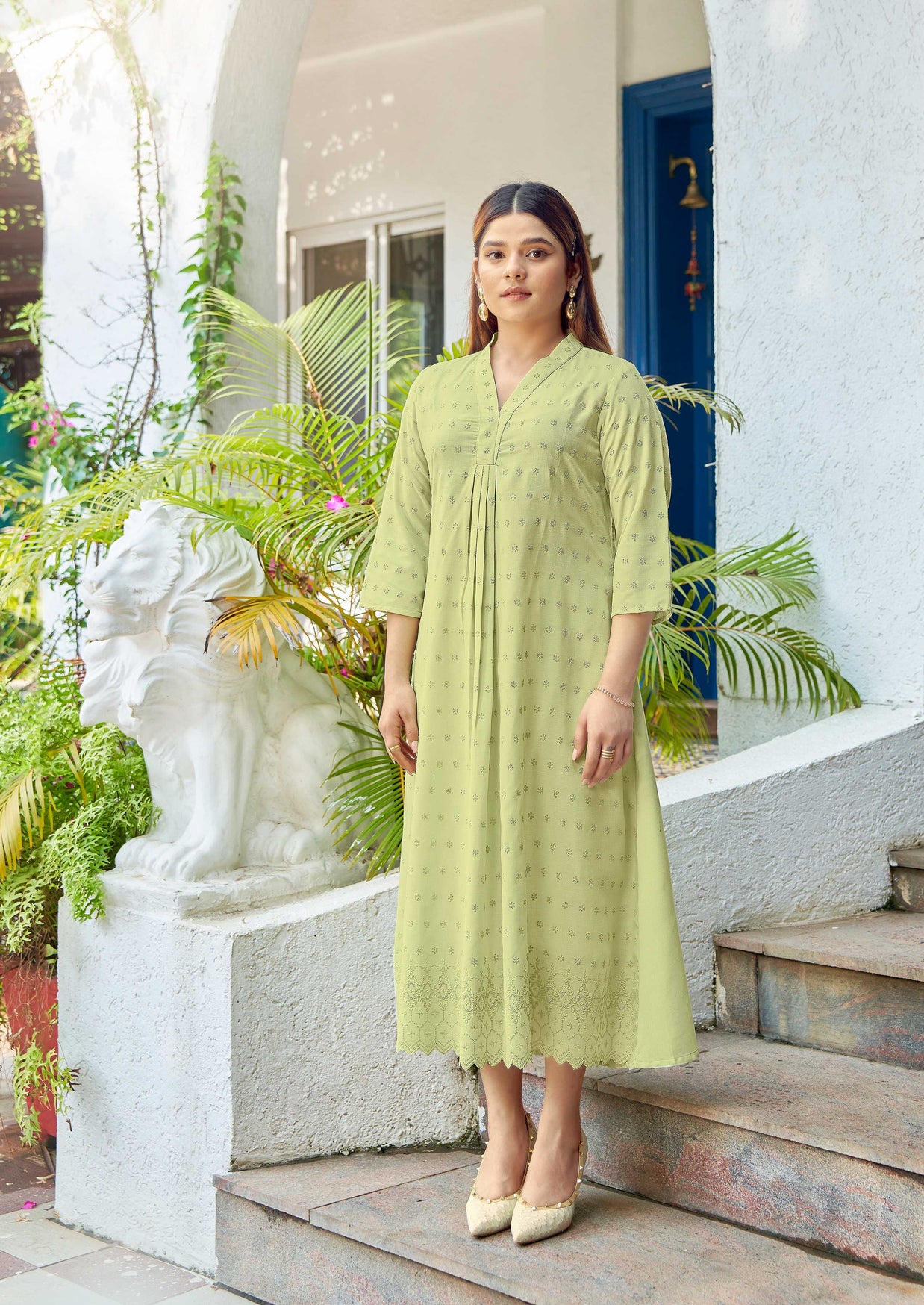 Laxmipati Janki Schiffli Embroidered Spun Cotton Straight Kurti in Pastel Green Color