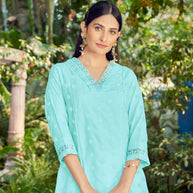 Laxmipati Janki Schiffli Embroidered Spun Cotton Straight Kurti in Pastel Turquoise Blue Color