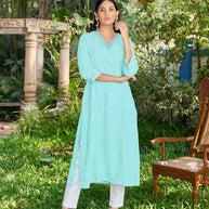 Laxmipati Janki Schiffli Embroidered Spun Cotton Straight Kurti in Pastel Turquoise Blue Color
