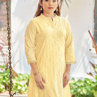 Laxmipati Janki Schiffli Embroidered Spun Cotton Straight Kurti in Butter Yellow Color