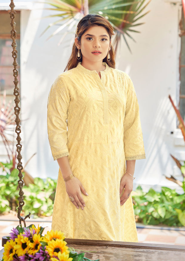 Laxmipati Janki Schiffli Embroidered Spun Cotton Straight Kurti in Butter Yellow Color