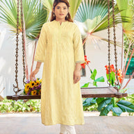Laxmipati Janki Schiffli Embroidered Spun Cotton Straight Kurti in Butter Yellow Color