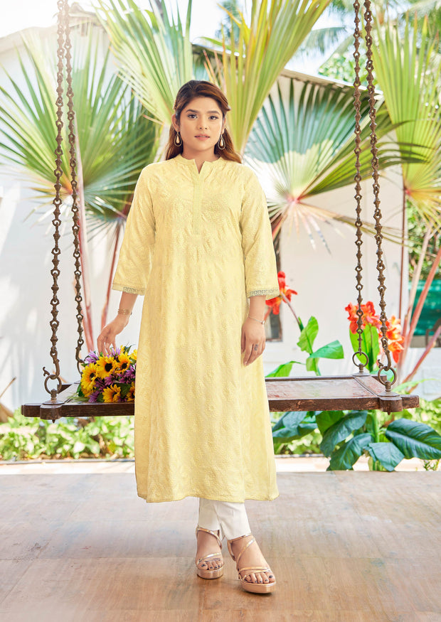 Laxmipati Janki Schiffli Embroidered Spun Cotton Straight Kurti in Butter Yellow Color