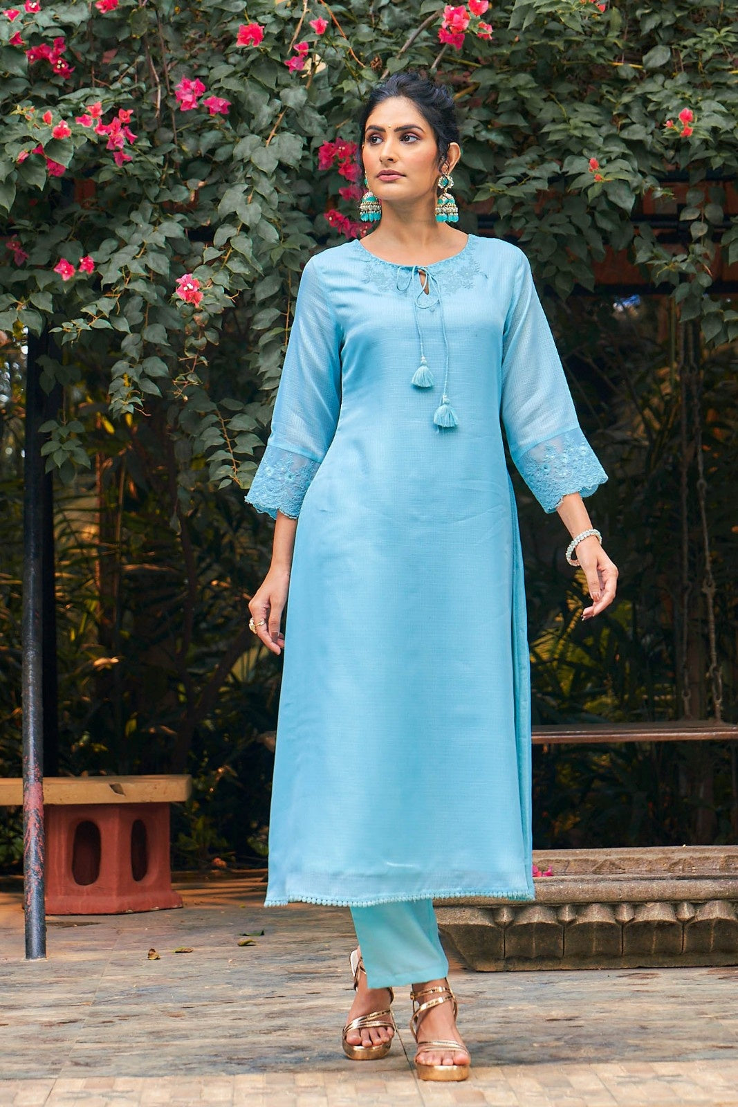 Laxmipati Summer Romance - KT0042 Kota Doria Embroidered Turquoise Kurta