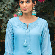 Laxmipati Summer Romance - KT0042 Kota Doria Embroidered Turquoise Kurta
