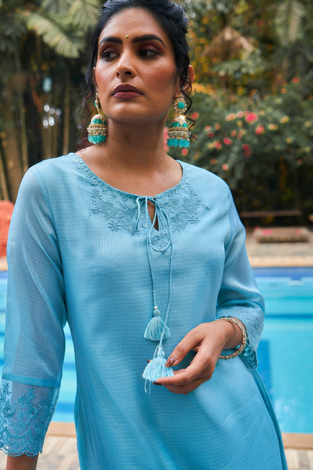 Laxmipati Summer Romance - KT0042 Kota Doria Embroidered Turquoise Kurta