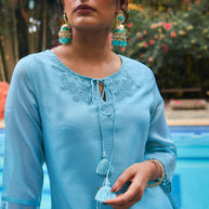 Laxmipati Summer Romance - KT0042 Kota Doria Embroidered Turquoise Kurta