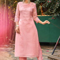 Laxmipati Summer Romance - KT0043 Kota Doria Embroidered Straight Woman Peach Kurta
