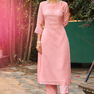 Laxmipati Summer Romance - KT0043 Kota Doria Embroidered Straight Woman Peach Kurta